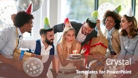  Presentation with birthday cake - Presentation design featuring businesswoman-blowing-candles background and a violet colored foreground
