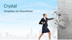  Presentation with karate - Presentation with businesswoman breaking stone wall background and a cool aqua colored foreground