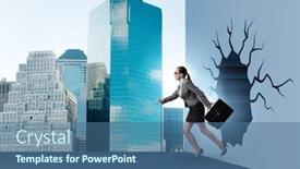  Presentation with breaking through - PPT theme enhanced with businesswoman-breaking-through-the-wall background and a ocean colored foreground