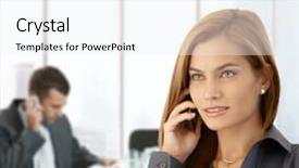  Presentation with phone meeting - Audience pleasing slides consisting of businesswoman busy taking phone call backdrop and a white colored foreground