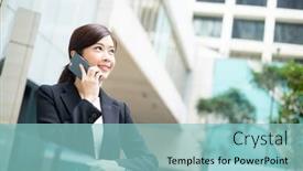  Presentation with chat - Theme featuring businesswoman chat on mobile phone background and a light blue colored foreground