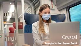  Presentation with face mask - Audience pleasing slides consisting of businesswoman-commuting-by-train-working backdrop and a coral colored foreground