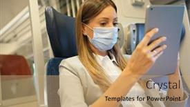  Presentation with face mask - Theme enhanced with businesswoman-commuting-by-train-working background and a coral colored foreground