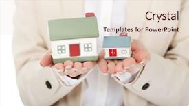  Presentation with house - Slide deck featuring businesswoman compares two house models background and a lemonade colored foreground