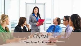  Presentation with meeting - Beautiful presentation design featuring businesswoman conducting meeting in boardroom backdrop and a coral colored foreground