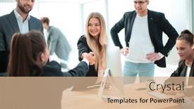  Presentation with company - PPT theme having businesswoman-congratulating-the-new-employee background and a coral colored foreground