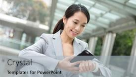  Presentation with smartwatch - Audience pleasing PPT theme consisting of businesswoman connecting cellphone and smartwatch backdrop and a light gray colored foreground