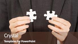  Presentation with golden puzzle piece - Presentation design having businesswoman connecting two puzzle pieces background and a tawny brown colored foreground