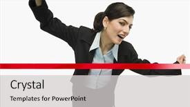 Presentation with career success story line - Slides with businesswoman crossing the finishing line background and a light gray colored foreground