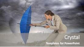  Presentation with defending - Beautiful presentation design featuring businesswoman defending with blue umbrella backdrop and a gray colored foreground