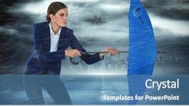  Presentation with defending - Cool new slide set with businesswoman defending with blue umbrella backdrop and a  colored foreground