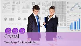  Presentation with financial report - PPT theme featuring businesswoman discussing financial report background and a lilac colored foreground
