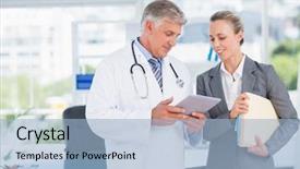  Presentation with doctor office - PPT theme having businesswoman discussing in medical office background and a light blue colored foreground
