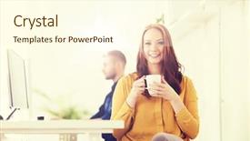  Presentation with start up business - Slide deck consisting of businesswoman drinking coffee or tea background and a cream colored foreground