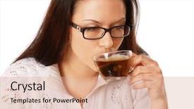  Presentation with green tea - Amazing presentation having businesswoman drinking green tea isolated on white close-up backdrop and a coral colored foreground