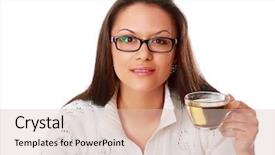  Presentation with green tea - PPT theme featuring businesswoman drinking green tea isolated background and a lemonade colored foreground