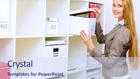  Presentation with beautiful black women smiling - Cool new PPT theme with businesswoman during the working day backdrop and a  colored foreground