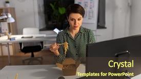  Presentation with demographic millennials business concept - PPT theme consisting of businesswoman eating takeaway wok food background and a tawny brown colored foreground