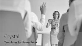  Presentation with projector - Audience pleasing presentation design consisting of businesswoman explaining colleagues while standing against projector screen at office backdrop and a light gray colored foreground