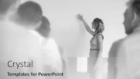 Presentation with projector - Presentation theme featuring businesswoman explaining colleagues while standing against projector screen at office background and a light gray colored foreground