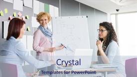  Presentation with flip chart - Amazing slide set having businesswoman explaining pie chart backdrop and a lemonade colored foreground