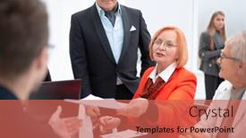  Presentation with points - Audience pleasing PPT theme consisting of businesswoman-explaining-some-points backdrop and a red colored foreground