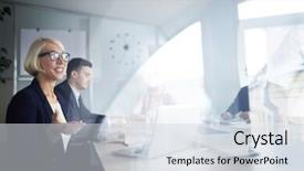  Presentation with speakers - Colorful slides enhanced with businesswoman explaining something to one backdrop and a sky blue colored foreground