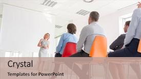  Presentation with strategy maize - PPT theme with businesswoman explaining strategy to colleagues background and a coral colored foreground