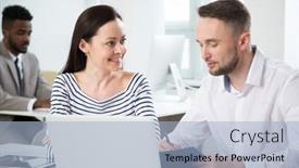  Presentation with new office - PPT theme having businesswoman-explains-to-colleague background and a light blue colored foreground