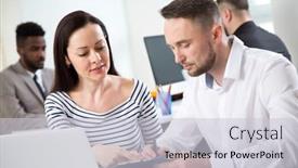  Presentation with new office - Presentation design featuring businesswoman-explains-to-colleague background and a light gray colored foreground