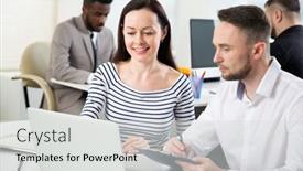  Presentation with new office - Cool new PPT theme with businesswoman-explains-to-colleague backdrop and a light gray colored foreground