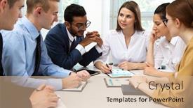  Presentation with new office - Cool new theme with businesswoman-explains-to-colleagues backdrop and a coral colored foreground