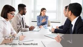  Presentation with new office - Slide set with businesswoman-explains-to-colleagues background and a lemonade colored foreground