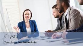  Presentation with new office - Slide set consisting of businesswoman-explains-to-colleagues background and a teal colored foreground