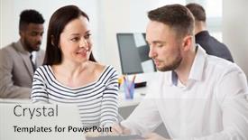  Presentation with new office - Amazing slide set having businesswoman-explains-to-colleagues backdrop and a light gray colored foreground