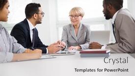  Presentation with new office - Slide deck featuring businesswoman-explains-to-colleagues background and a light gray colored foreground