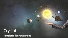  Presentation with planets - Presentation design with businesswoman exploring planets of sun background and a dark gray colored foreground