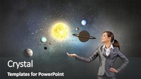  Presentation with planets - Presentation theme featuring businesswoman exploring planets of sun background and a dark gray colored foreground