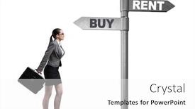  Presentation with media buying - Presentation design having businesswoman facing dilemma of buying versus renting on white background and a white colored foreground