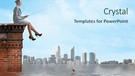  Presentation with fishing - Presentation consisting of businesswoman fishing with rod on top of building background and a cool aqua colored foreground