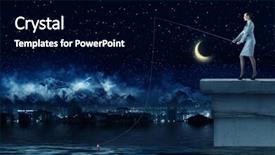  Presentation with fishing - PPT theme enhanced with businesswoman fishing with rod on top of building background and a black colored foreground