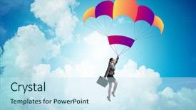  Presentation with parachute - Presentation theme with businesswoman flying on parachute background and a sky blue colored foreground