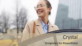  Presentation with hail - Amazing presentation design having businesswoman getting in taxi cab backdrop and a soft green colored foreground