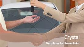  Presentation with car key - PPT theme having businesswoman giving key while shaking a customer hand at new car showroom background and a coral colored foreground