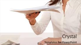  Presentation with contract - Amazing theme having businesswoman giving you the pen and the contract to sign isolated on white backdrop and a soft green colored foreground