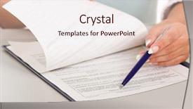  Presentation with contract - Amazing PPT theme having businesswoman giving you the pen and the contract to sign isolated on white backdrop and a sky blue colored foreground