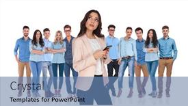  Presentation with team leader - PPT theme featuring businesswoman group leader with telephone thinking while looking up to side in front of her young casual team while standing on white background background and a teal colored foreground