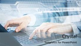  Presentation with keyboard - Cool new PPT theme with businesswoman hands typing on keyboard backdrop and a light blue colored foreground