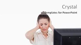  Presentation with headache - Cool new slides with businesswoman having a headache while using a computer against a white background backdrop and a white colored foreground