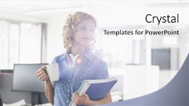  Presentation with files - Theme featuring businesswoman having coffee while holding files in creative office background and a white colored foreground